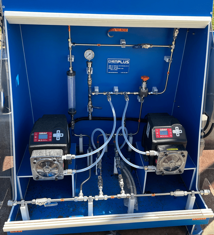 Duplex Skid System with two FLEXFLO® M3 Peristaltic Metering Pumps dosing Peracetic Acid (PAA) at 15% solution for wastewater treatment plant
