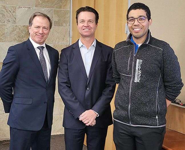 Blue-White® Board of Directors elected two new officers in their 2023 First Quarter Meeting. The Board voted Unanimously to appoint Bill McDowell to the position of Chief Operating Officer, and Patrick Murphy as Vice President of Operations. Pictured with them is Blue-White CEO Rob Gledhill Extending his Congratulations.